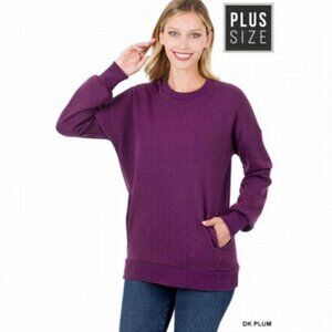 ZENANA Round Neck Purple Long Sleeve Sweatshirt with Side Pockets Size 3X